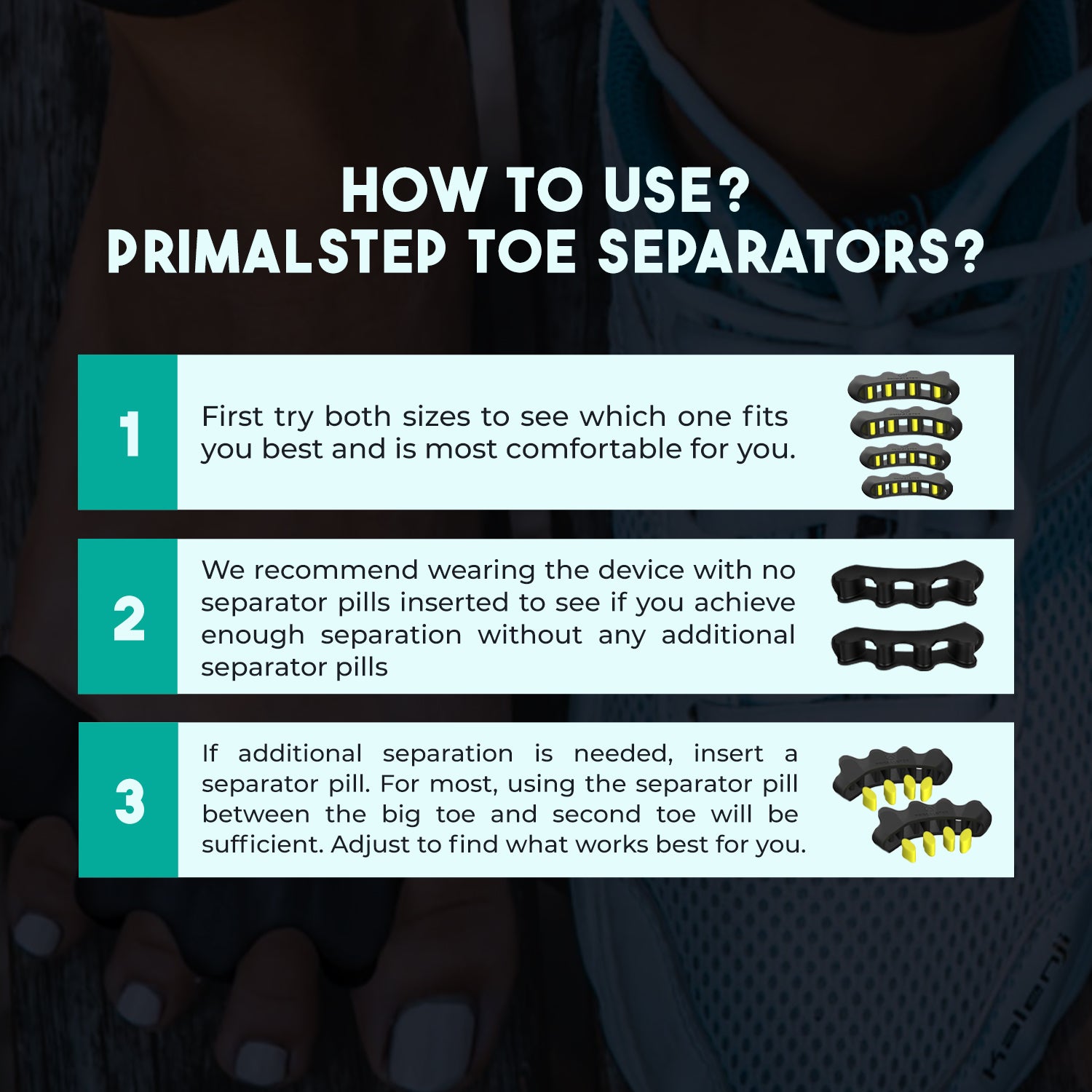 PrimalStep Fully Adjustable Toe Separators - 4 pack